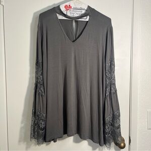 Kate & Mallory Charcoal Lace Sleeve Blouse Peasant Bell Sleeves Whimsigoth XL